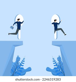confident businessman accessing keyhole to bypass gap, Shortcut to business success, business solution or opportunity, idea or creativity to solve problem, leadership determination concept.