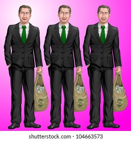 Confident businessman with a bag of money and hand in pocket, 3 facial expressions