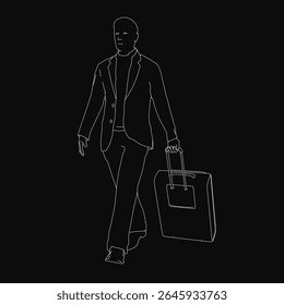 Um empresário confiante em um terno preto e camisa branca anda propositalmente com uma pasta marrom claro na mão. Seu cabelo é bem estilizado, e sua expressão determinada transmite profissionalismo.