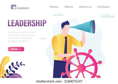 Confident businessman, boat captain control steering wheel helm and uses spyglass for future vision. Business leadership, landing page template. Visionary to lead company success, career direction.