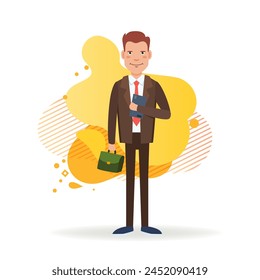 Confident businessman with briefcase and diary. Young office employee in suit. Flat vector illustration. Office lifestyle, manager, white collar worker concept for web design, landing page or banner