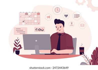 Confident businessman with calendar and planner. Date and time scheduler. Time management, efficiency in business, work productivity. Smart office worker at workplace. flat vector illustration