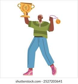 Confident businessman celebrating success with a trophy and medal. Achievement and recognition theme. Vector illustration.