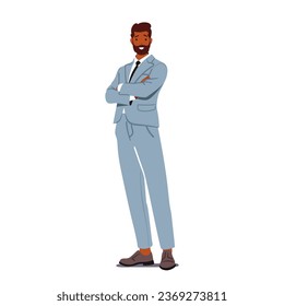 Confident Businessman Character Stands Tall, Arms Folded, Exuding Authority And Determination. A Symbol Of Professionalism And Leadership In The Corporate World. Cartoon People Vector Illustration