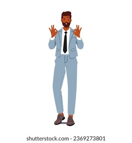 Confident Businessman Character Wears Smart Suit, Giving An Affirmative ok Gesture With A Reassuring Smile, Symbolizing Approval, Success, And Professionalism In Business Dealings. Vector Illustration