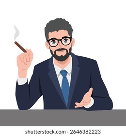 Confident Businessman with a Cigar. Flat Vector character illustration