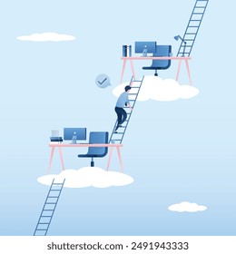 Confident businessman climb up ladder from his working desk to higher level. Career ladder, job promote concept. Occupation, ladder of success. Progress to achieve goal, challenge and ambition. vector