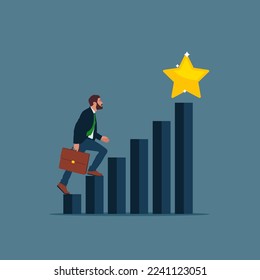 Confident businessman climb up stair to the top to reaching to grab precious star reward. Reaching business goal. Vector illustration.