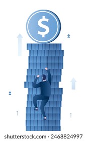 Confident businessman climbs the stack of coins towards wealth. Career ladder, steps to success and high earnings. Dollar coin on top as symbol of profit. Corporate hierarchy. Vector illustration