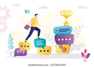 Confident businessman climbs stacks of speech bubbles to goal. Successful negotiations, completion of a deal, contract or agreement. Smart male negotiator walking up the speech stairs. flat vector