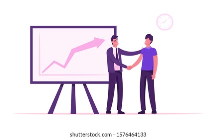 Confident Businessman Company Boss Shaking Hand to Office Employee Standing at Chartboard with Growing Arrow Graph. Director Congratulate Worker for Successful Work. Cartoon Flat Vector Illustration