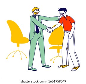 Confident Businessman Company Boss Shaking Hand to Office Employee Congratulating with Success. Director Congratulate Worker for Successful Work, Encouraging. Cartoon Vector Illustration, Line Art