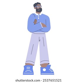 Confident businessman concept. Casual professional in stylish attire holding a clipboard. Success, leadership, and workplace confidence themes. Vector illustration.