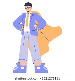 Confident businessman concept. An illustration of a diverse, heroic businessman with a cape, embodying leadership and success. Vector illustration.
