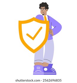 Confident businessman concept. A professional male figure stands with a protective shield, symbolizing security and assurance. Corporate defense strategy. Vector illustration.