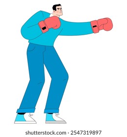 Confident businessman concept. A professional man with boxing gloves ready to tackle challenges. Overcoming obstacles in the corporate world. Vector illustration.