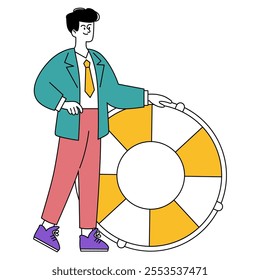 Confident businessman concept. A professional stands with poise beside a pie chart, representing strategic planning and analysis. Vector illustration.