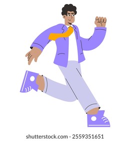 Confident businessman concept. Striding forward with a fist pump. Motivation and success in corporate life. Vector illustration.