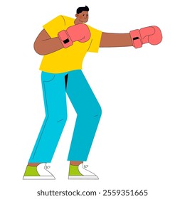 Confident businessman concept. A young entrepreneur in a power stance wearing boxing gloves, ready for corporate challenges. Determination and competition theme. Vector illustration.