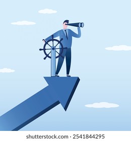 Confident businessman control rudder helm on growth arrow. Leadership to lead company direction, vision to see opportunity, skills to overcome obstacles, decision to control and drive growth concept.