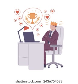 Confident businessman with a crown, sitting content at his desk, with symbols of admiration and success like hearts and a trophy. Vector illustration of workplace achievement.