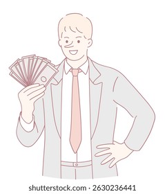 A confident businessman displaying his cash, symbolizing great success and remarkable financial achievement