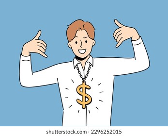 Un hombre de negocios con collar de signos de dólar. Un hombre genial sonriente con accesorio de oro en el cuello se siente rico y famoso. Dinero y bienestar. Ilustración vectorial. 