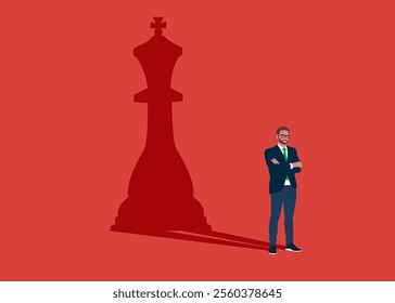 Confident businessman dreams of becoming a chess king. Intellectual game, strategy, politics. Confident handsome young man standing superhero shadow concept illustration.