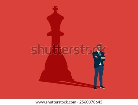 Confident businessman dreams of becoming a chess king. Intellectual game, strategy, politics. Confident handsome young man standing superhero shadow concept illustration.