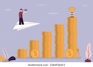 Confident businessman flies on paper plane to winning cup. Strategy, planning way to receive award or profit. creativity and hard work to achieve high results, successful achievement of goals. vector