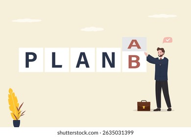 Confident businessman flip cube with word - plan A to plan B. Changing business strategies for survival concept, business strategy plan to have secondary for emergency case. flat vector illustration