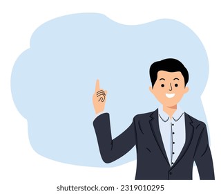 confident businessman in formal suit pointing finger up to indicate promotion or advertising with excited expression on isolated background