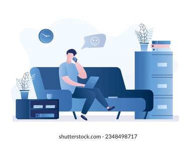 Confiado empresario o autónomo sentado en un sofá. Lugar de trabajo en casa o moderno interior de coworking. El hombre trabaja en una laptop y habla en el smartphone. Ilustración vectorial de estilo moderno