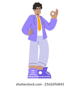 Confident businessman gesturing success. Positive attitude and corporate achievement reflected in a modern work environment. Vector illustration.