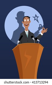 Confident businessman giving a talk from a podium, EPS 8 vector illustration, no transparencies