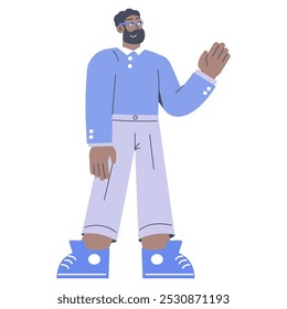 Concepto de saludo de hombre de negocios confiado. Un hombre ilustrado en atuendo casual saluda, exude amabilidad y accesibilidad. Ilustración vectorial.