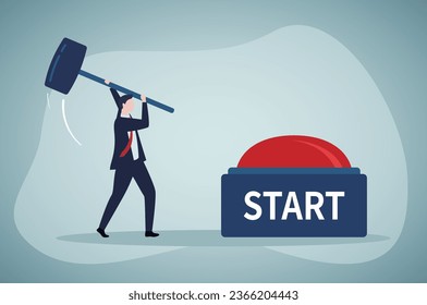 Confident businessman with hammer hits big button. Start new project or startup. Push the button. Business development, concept banner. Flat vector illustration