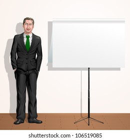 Confident businessman with hands in pockets next to paper presentation board