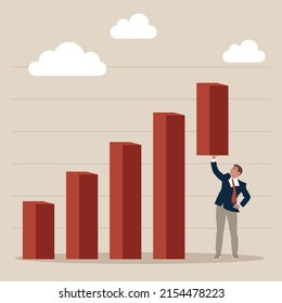 Confident businessman help lift up bar graph to new high level. Growth or improvement, increase sales or revenue raising, growing business or develop marketing plan to help gain more profit concept.