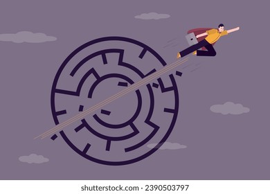 Confident businessman hero flying breakthrough difficult maze labyrinth. Overcoming obstacles with creativity, leadership determination to overcome difficulty and progress to success concept. vector