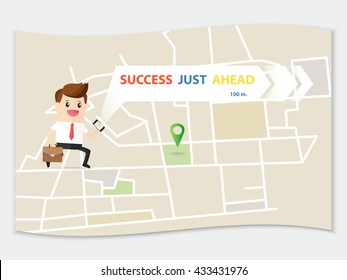 confident businessman hold briefcase running with navigator choose way to success path in urban map