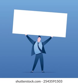 Confident businessman hold white placard with place for text. Smart male employee, happy character, white collar worker. Trendy style vector illustration