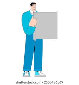 Confident businessman holding blank placard for advertisement or message. Corporate presentation, marketing strategy concept. Vector illustration.