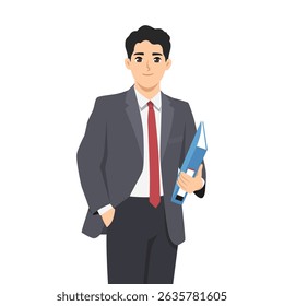 Confident Businessman Holding a File Folder. Flat Vector character illustration