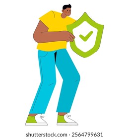 Confident businessman holding a protective shield with a check mark, representing security and assurance. Vector illustration.