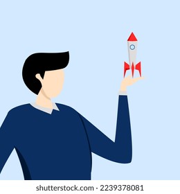 Confident businessman holding rocket project thinking to launch. Entrepreneur and startup project, innovation for success concept, starting new business, opportunity to discover new product.