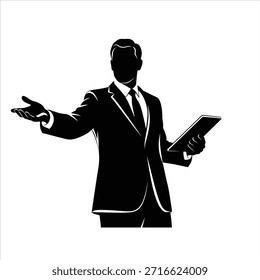 Hombre de negocios confiado que sostiene la tableta, haciendo gestos para presentar un concepto. Comunicación empresarial, presentación y presentación de ventas.