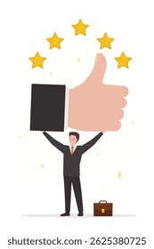 Confident businessman holding thumbs up and stars. 5 stars rating. Business challenge and effort to win award. Big success or achievement concept. Reward, best quality. Positive feedback. flat vector
