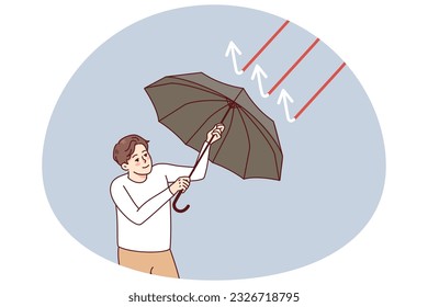 Confident businessman holding umbrella protect from red arrows. Business man recover from economic recession and crisis. Flat vector illustration.