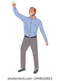 Hombre de negocios con el puño en la mano. Gerente feliz en ropa casual inteligente de pie y gestos Sí. Un hombre emocionado expresa su alegría levantando la mano. Emociones Positivas. Ilustración vectorial plana